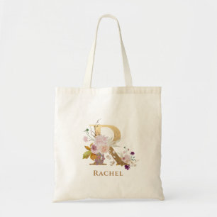 Tote Bag Letter R - Gold Floral Name 