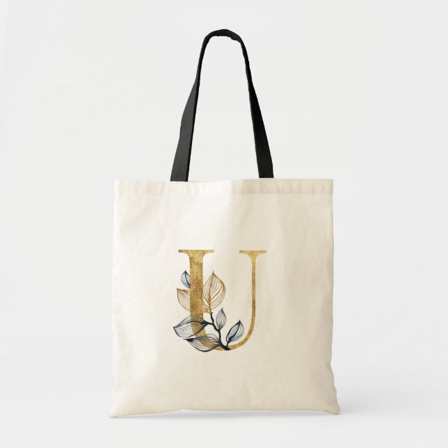 Tote Bag *~* Letter U Gold Monogram Initial Black Leaves (Devant)