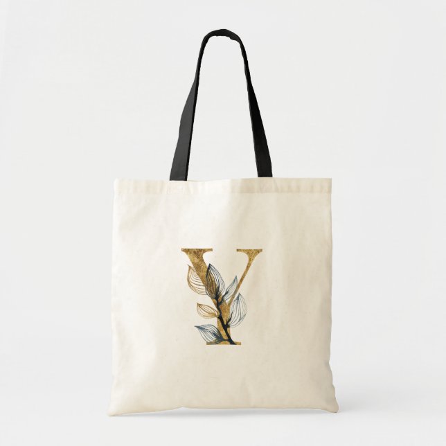 Tote Bag *~* Letter Y Gold Monogram Initial Black Leaves (Devant)
