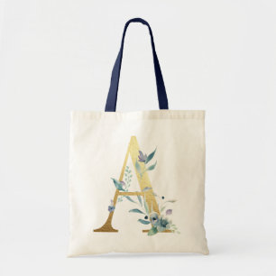 Tote Bag Lettre A Monogramme Doré Fleurs Aquarelle Bleue