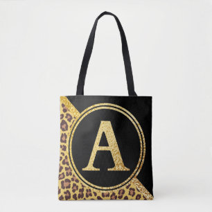 Tote Bag Lettre A Monogramme Empreinte de léopard Or et noi