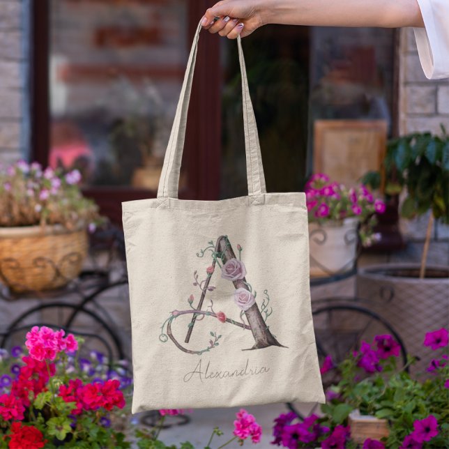 Tote Bag Lettre A Monogramme Floral Personnalisé Cadeau (Créateur téléchargé)