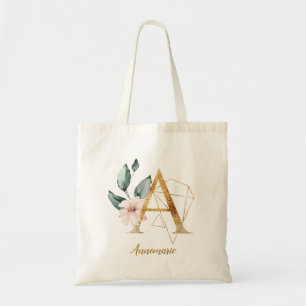 Tote Bag Lettre A stylisée florale géométrique or