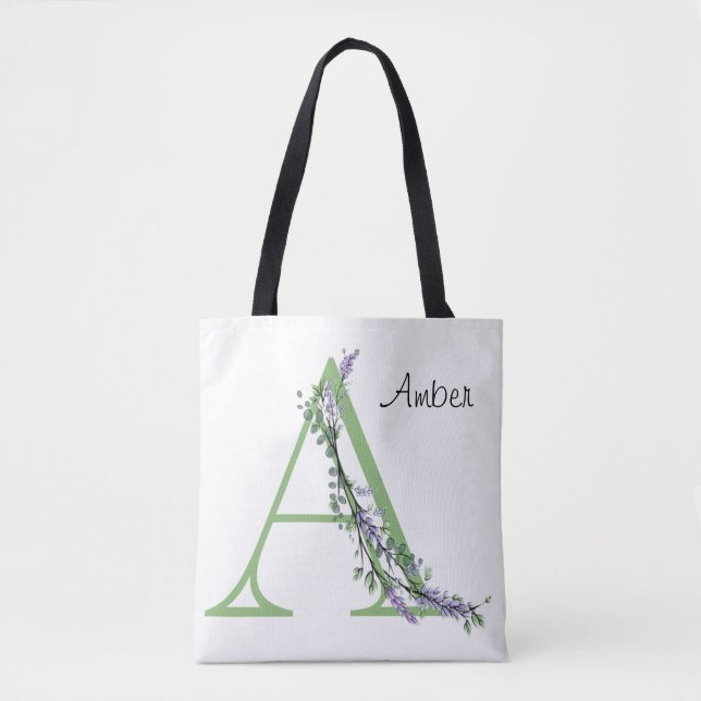 Tote Bag Lettre alphabétique A Lavender Eucalyptus aquarell (Devant)