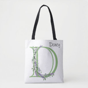Tote Bag Lettre alphabétique D aquarelle Lavande Eucalyptus