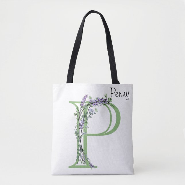 Tote Bag Lettre alphabétique P Lavender Eucalyptus monogram (Devant)