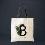 Tote Bag  Lettre B Monogram Gold Foil Tropical Personnalisé<br><div class="desc">Sac fourre-tout monogramme de lettre B personnalisable avec feuilles tropicaux d'aquarelle avec fausse feuille d'or et accents de brosse d'aquarelle. Personnalisez ce sac fourre-tout monogramme en ajoutant votre nom ou d'autres détails. Ce sac fourre-tout monogramme de lettre B sera parfait comme cadeau. D'autres lettres sont disponibles.</div>