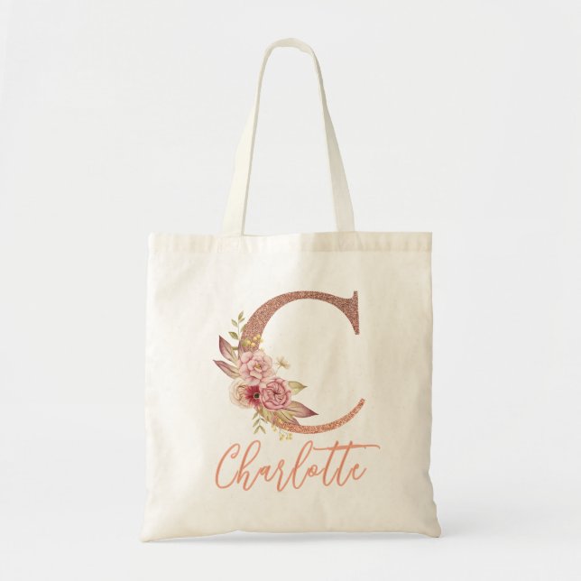 Tote Bag Lettre C Blush rose Paillettes Monogramme floral  (Devant)