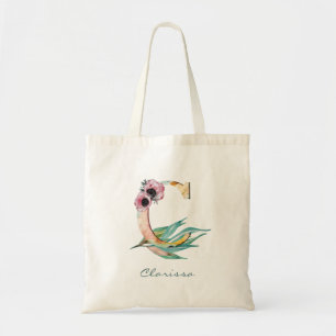 Tote Bag LETTRE C Florale Personnalisée Aquarelle Monogramm