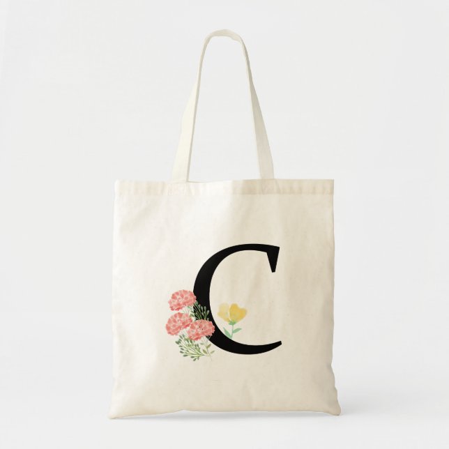 Tote Bag Lettre C Monogramme Aquarelle Florale Spray Chic (Devant)