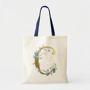 Tote Bag Lettre C Monogramme Doré Fleurs Aquarelle Bleue