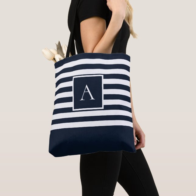 Tote Bag LETTRE Carré CHIC MARINE BLANCHE STRIPE (De près)