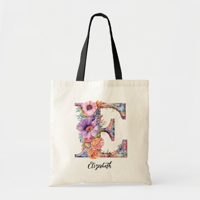 Tote Bag LETTRE CHIC E | Lettre florale lunaire monogramme (Devant)