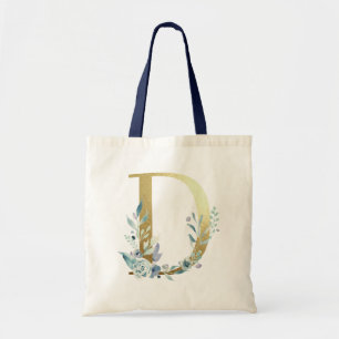 Tote Bag Lettre D Monogramme Doré Fleurs Aquarelle Bleue