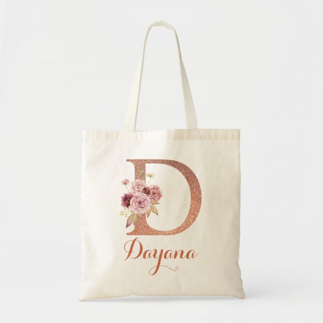 Tote Bag Lettre D Rose poudré Glitter Monogramme floral  (Devant)