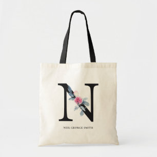TOTE BAG LETTRE D'ALPHABÈTES FLORAUX BLEU BLEU DOUX NOM N