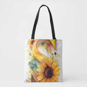 Tote Bag LETTRE D'Aquarelle DE Tournesol PERSONNALISÉE S