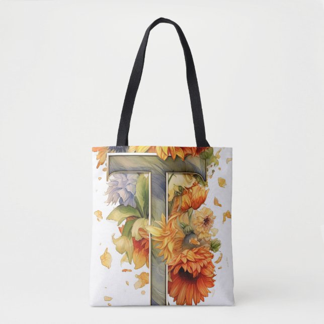 Tote Bag Lettre d'aquarelle de tournesol personnalisée T (Devant)