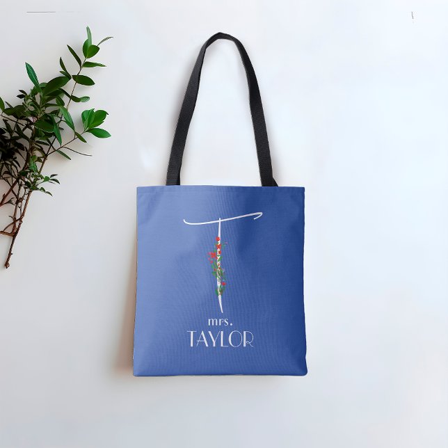 Tote Bag Lettre d'aquarelle moderne T enseignant bleu (Créateur téléchargé)
