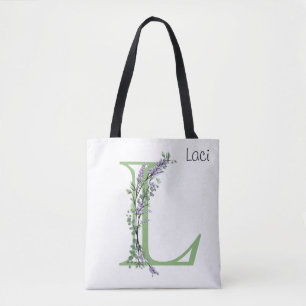 Tote Bag Lettre de l'alphabet L aquarelle Lavande Eucalyptu