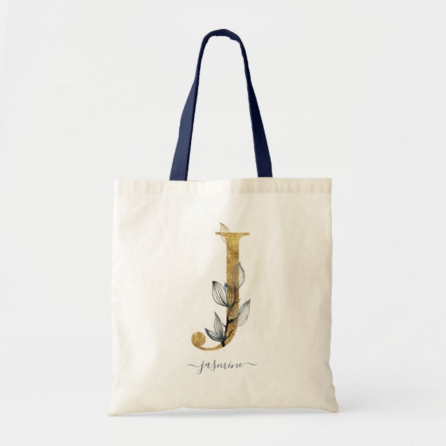 Tote Bag Lettre de monogramme moderne feuille d'or bleu mar (Devant)