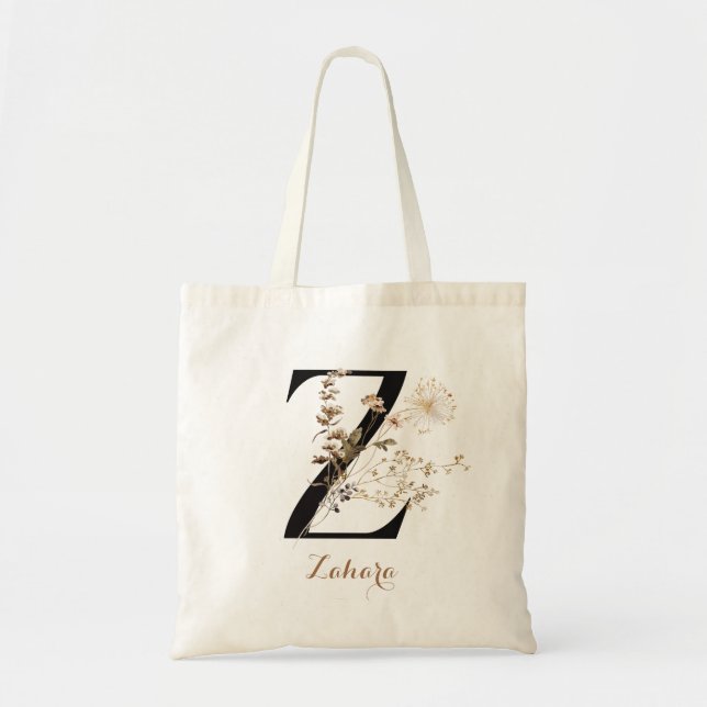 Tote Bag Lettre de monogramme personnalisé moderne floral « (Devant)