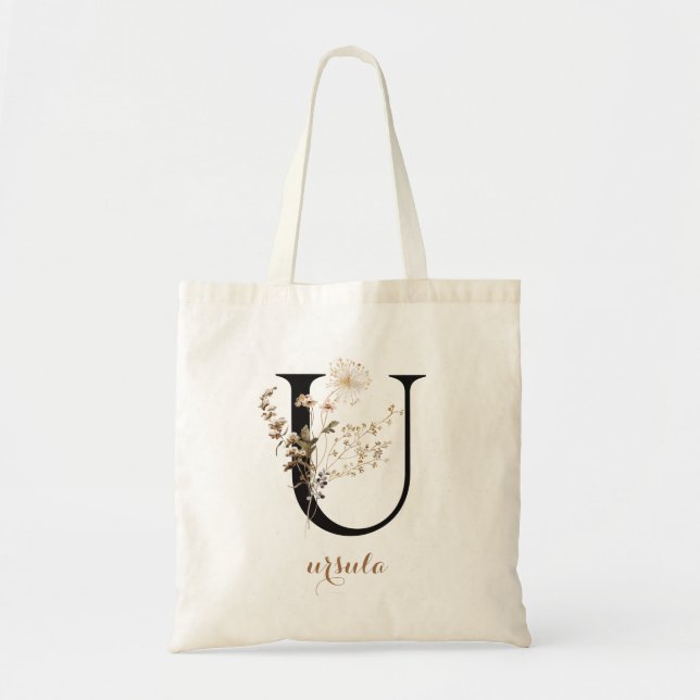 Tote Bag Lettre de monogramme personnalisée moderne florale (Devant)