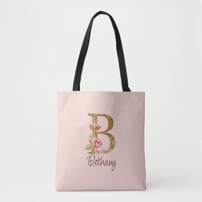 Tote Bag Lettre de nom personnalisée B Roses roses blush fe (Devant)