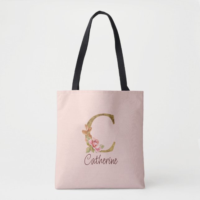 Tote Bag Lettre de nom personnalisée C Roses roses blush en (Devant)