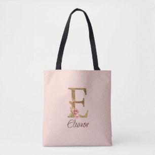 Tote Bag Lettre de nom personnalisée E Roses roses blush fe