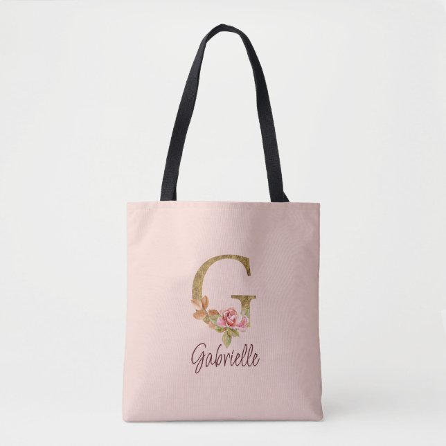 Tote Bag Lettre de nom personnalisée G Rose poudré et feuil (Devant)