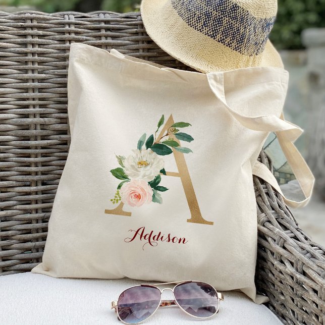 Tote Bag Lettre d'or A et florale floue personnalisée (Créateur téléchargé)