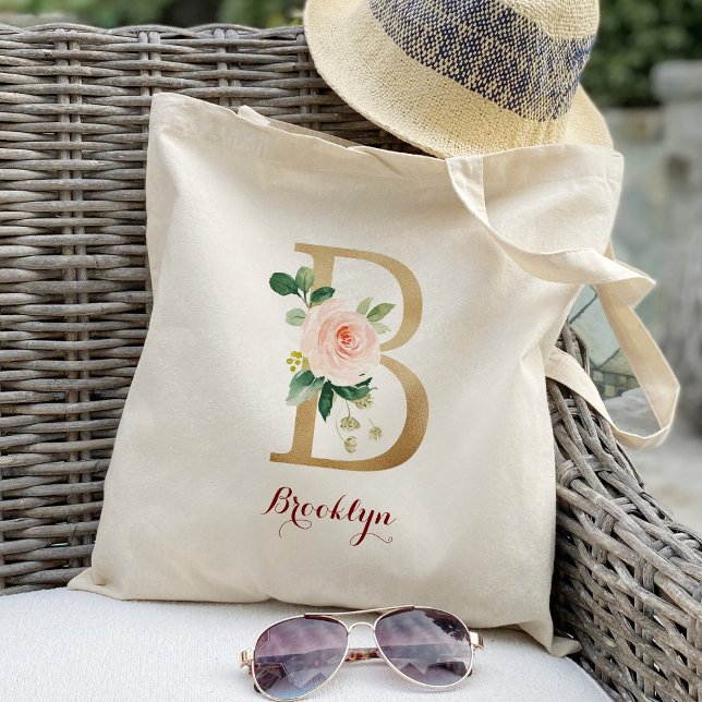Tote Bag Lettre d'or B et florale floue personnalisée (Créateur téléchargé)