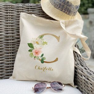 Tote Bag Lettre d'or C et florale floue personnalisée