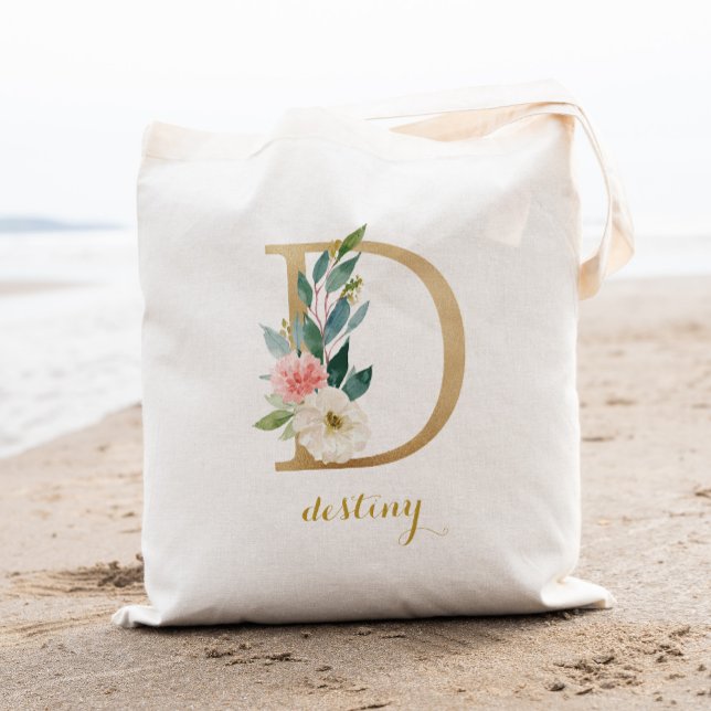Tote Bag Lettre d'or D et florale floue personnalisée (Créateur téléchargé)