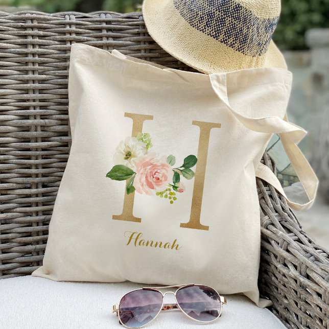 Tote Bag Lettre d'or H et floral flou Personnalisé (Créateur téléchargé)