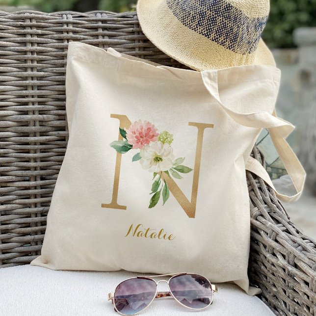 Tote Bag Lettre d'or N et florale floue personnalisée (Créateur téléchargé)