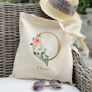 Tote Bag Lettre d'or O et florale floue personnalisée