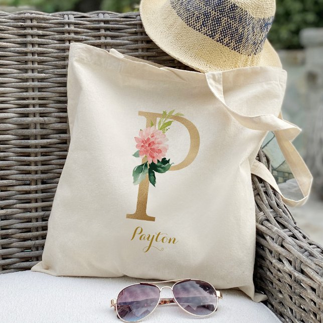 Tote Bag Lettre d'or P et floral flou Personnalisé (Créateur téléchargé)