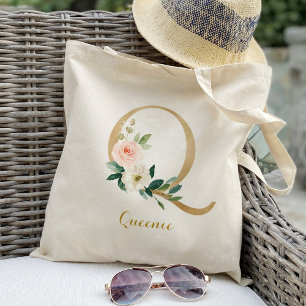 Tote Bag Lettre d'or Q et florale floue personnalisée