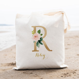 Tote Bag Lettre d'or R et florale floue personnalisée
