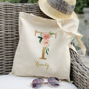 Tote Bag Lettre d'or T et florale floue personnalisée