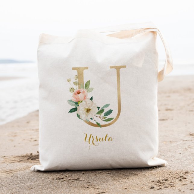 Tote Bag Lettre d'or U et florale floue personnalisée (Créateur téléchargé)