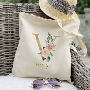 Tote Bag Lettre d'or V et florale floue personnalisée