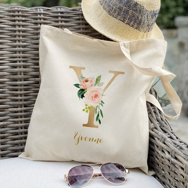 Tote Bag Lettre d'or Y et florale floue personnalisée (Créateur téléchargé)