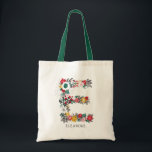 Tote Bag Lettre E | LETTRE FLEURIE Whimsical Monogramme I<br><div class="desc">Sac fourre-tout monogramme à lettre florale fantaisiste,  festif et élégant,  avec des fleurs dans le feuillage en rouge,  vert,  or et gris. D'autres couleurs et lettres sont disponibles. Lettre E</div>