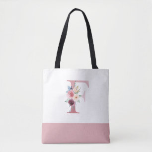 Tote Bag LETTRE F Florale Rose Personnalisée