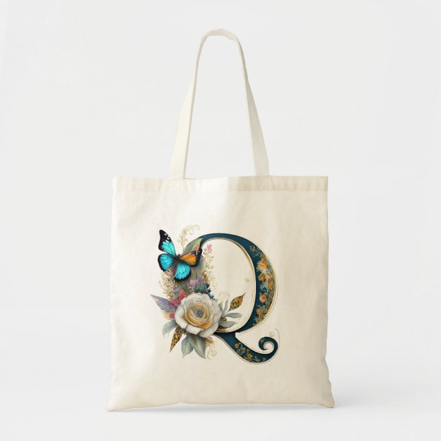 Tote Bag Lettre florale bohème élégante Q (Devant)
