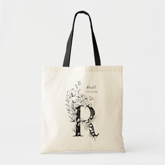 Tote Bag Lettre florale botanique R monogrammée rustique (Devant)