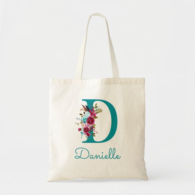 Tote Bag LETTRE Florale D Script Monogramme rose Turquoise (Devant)